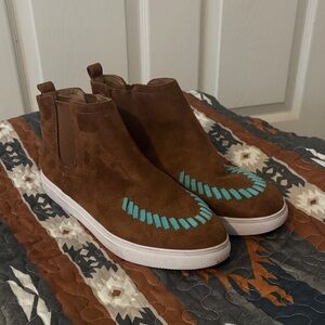 Crazy Train Brown Suede Ankle Boots with Blue Stitching